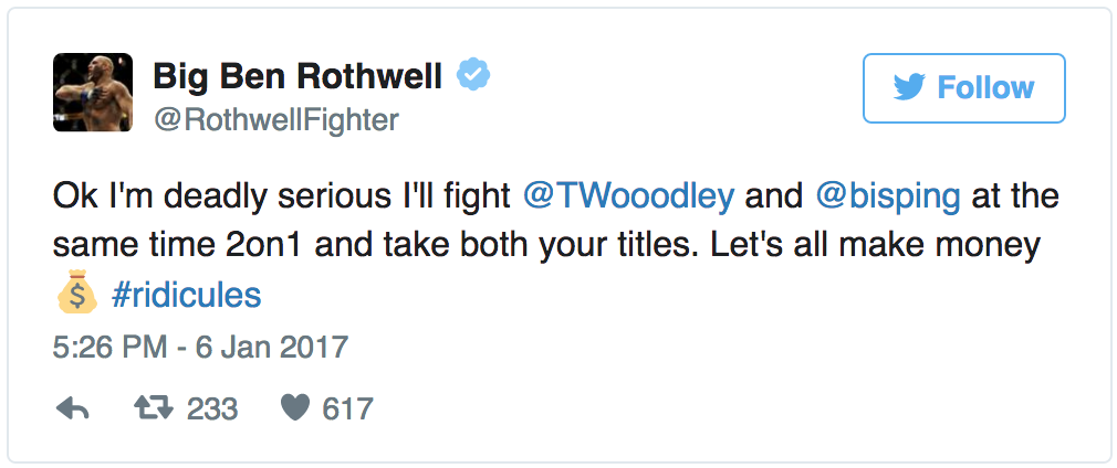 Ben Rothwell propose d’affronter Tyron Woodley et Michael Bisping en même temps