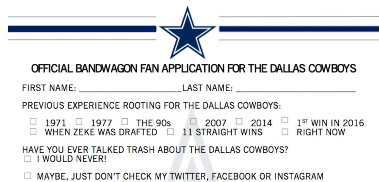 Les Cowboys sortent un formulaire pour les "Bandwagoners"
