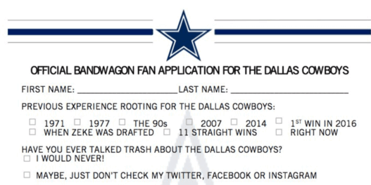 Les Cowboys sortent un formulaire pour les "Bandwagoners"