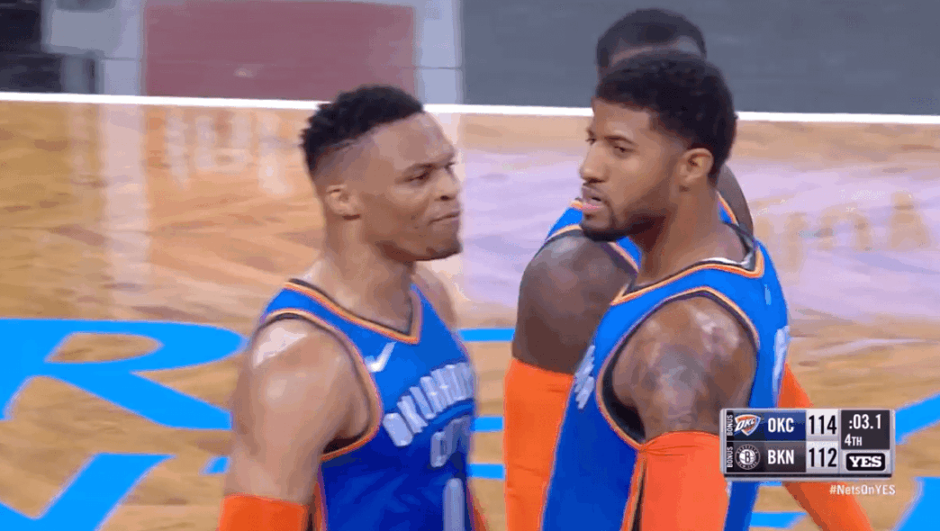 Paul George celebration Brooklyn Nets