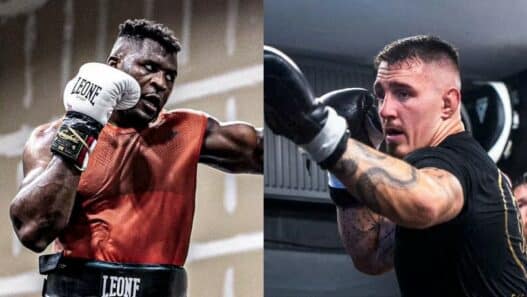Tom Aspinall et Francis Ngannou boxent.