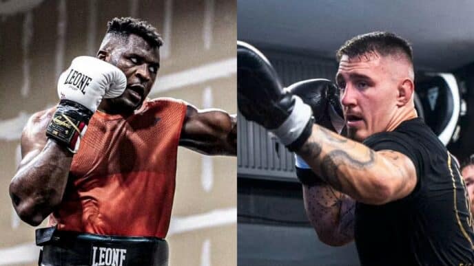 Tom Aspinall et Francis Ngannou boxent.