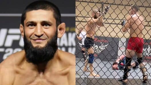 Khamzat Chimaev et Sean Strickland en plein sparring.